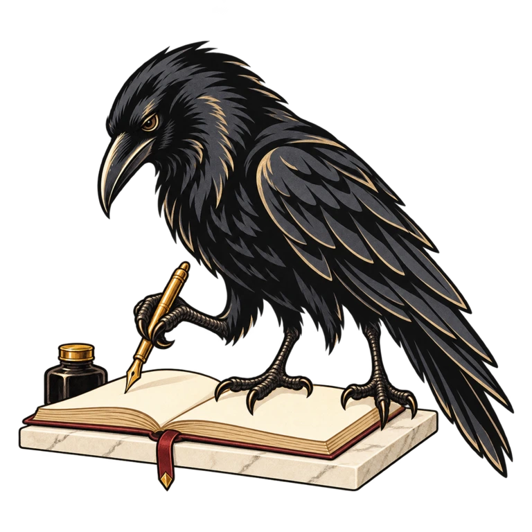 A thoughtful three-legged raven writing in a notebook with a pen
